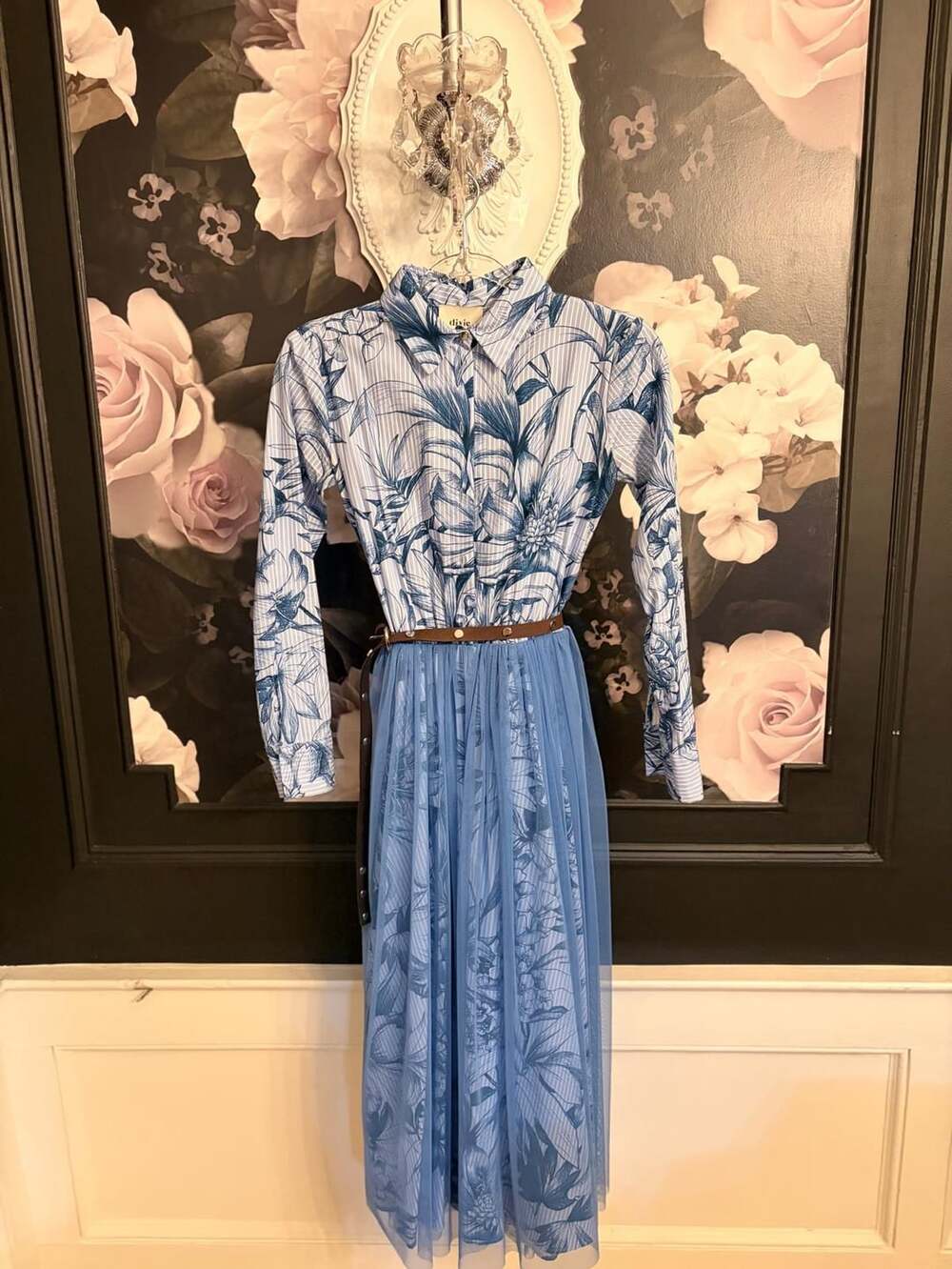 Dixie Rare find  Blue Floral Print and Stripe Shirt Dress with Tulle Skirt